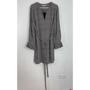 Loft Floral Shift Dress Womens Size XL Long Sleeve Flowy Keyhole Black White